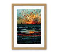Artery8 Seascape Sunset Port City Waves Horizon Artwork Framed Wall Art Print 18X24 Inch