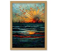 Artery8 Seascape Sunset Port City Waves Horizon Artwork Framed Wall Art Print A4