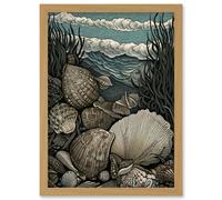 Artery8 Seashells by the Shore Modern Coastal Illustration Artwork Framed Wall Art Print A4