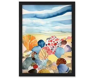 Artery8 Seaside Beachcombing Colourful Seashells And Beach Pebbles Watercolour Painting Artwork Framed A3 Wall Art Print