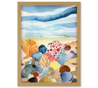 Artery8 Seaside Beachcombing Colourful Seashells & Beach Pebbles Watercolour Painting Artwork Framed Wall Art Print A4 in Light Oak Artery8 Light Oak