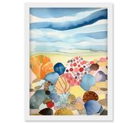 Artery8 Seaside Beachcombing Colourful Seashells & Beach Pebbles Watercolour Painting Artwork Framed Wall Art Print A4 in White Artery8 White