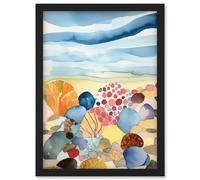 Artery8 Seaside Beachcombing Colourful Seashells & Beach Pebbles Watercolour Painting Artwork Framed Wall Art Print A4 in Black Artery8 Black