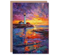 Artery8 Greeting Card Seaside Sunset St Mary's Lighthouse Whitley Bay Blank For Him Or Her Art Birthday Card