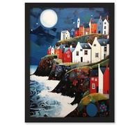 Artery8 Seaside Village Houses on Cliff Folk Art Oil Painting Bathroom Artwork Full Moon Night Waves Coastal Landscape Artwork Framed A3 Wall Art Print
