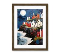 Artery8 Seaside Village Houses on Cliff Folk Art Oil Painting Bathroom Artwork Full Moon Night Waves Coastal Landscape Artwork Framed Wall Art Print 18X24 Inch