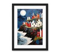 Artery8 Seaside Village Houses on Cliff Folk Art Oil Painting Bathroom Artwork Full Moon Night Waves Coastal Landscape Artwork Framed Wall Art Print 18X24 Inch