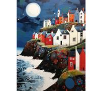 Artery8 Seaside Village Houses on Cliff Folk Art Oil Painting Bathroom Artwork Full Moon Night Waves Coastal Landscape Extra Large XL Wall Art Poster Print