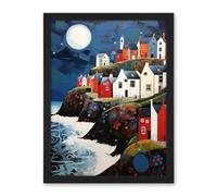 Artery8 Seaside Village Houses on Cliff Folk Art Oil Painting Bathroom Artwork Full Moon Night Waves Coastal Landscape Artwork Framed Wall Art Print 18X24 Inch