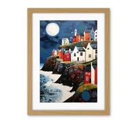 Artery8 Seaside Village Houses on Cliff Folk Art Oil Painting Bathroom Artwork Full Moon Night Waves Coastal Landscape Artwork Framed Wall Art Print 18X24 Inch