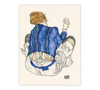 Artery8 Seated Woman Back View Painting Vintage Wall Art Print Schiele in Blue | Size: W12" x H16" Artery8 Blue W12" x H16"