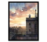 Wall Art Print Secret Romance Watercolour Painting Orange Purple Couple On The Roof Watching A City Sunset Bedroom Art Framed Artery8 Multi A4