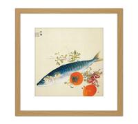 Artery8 Seiho Autumn Fattens Fish Ripens Wild Fruits Japan Painting 8X8 Inch Square Wooden Framed Wall Art Print Picture with Mount in Light Oak Artery8 Light Oak