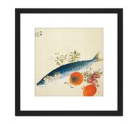 Artery8 Seiho Autumn Fattens Fish Ripens Wild Fruits Japan Painting 8X8 Inch Square Wooden Framed Wall Art Print Picture with Mount in Black Artery8 Black
