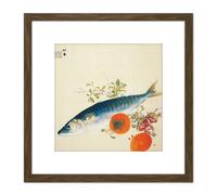Artery8 Seiho Autumn Fattens Fish Ripens Wild Fruits Japan Painting 8X8 Inch Square Wooden Framed Wall Art Print Picture with Mount in Brown Artery8 Brown