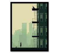 Artery8 Serenade to a Dog Green Artwork Old Lady with Pet by Neighbour Building Artwork Framed Wall Art Print A4