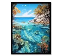 Artery8 Serene Coral Reef Bay Artwork Scenic Turquoise Seascape Artwork Framed Wall Art Print 18X24 Inch