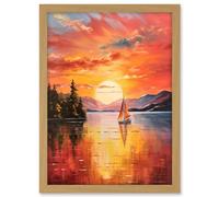 Artery8 Serene Lake Sunset Sailing Vibrant Oil Painting Sail Boat Lakeside Mountain Landscape Artwork Framed A3 Wall Art Print