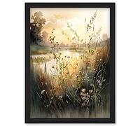 Serene Lakeside Landscape with Wildflowers at Dawn Modern Watercolour Painting Artwork Framed Wall Art Print A4 Artery8 Black One Size
