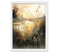 Serene Lakeside Landscape with Wildflowers at Dawn Modern Watercolour Painting Artwork Framed Wall Art Print A4 Artery8 White One Size