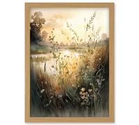 Serene Lakeside Landscape with Wildflowers at Dawn Modern Watercolour Painting Artwork Framed Wall Art Print A4 Artery8 Light Oak One Size