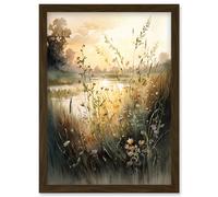 Artery8 Serene Lakeside Landscape with Wildflowers at Dawn Modern Watercolour Painting Artwork Framed Wall Art Print A4