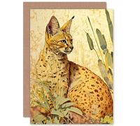 Artery8 Serval Cat in Nature Detailed Watercolour and Ink Bright Illustration Art Birthday Sealed Greeting Card Plus Envelope Blank inside