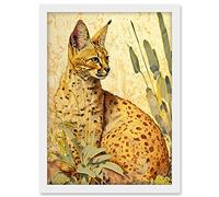 Artery8 Serval Cat in Nature Detailed Watercolour and Ink Bright Illustration Artwork Framed A3 Wall Art Print
