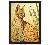 Artery8 Serval Cat in Nature Detailed Watercolour and Ink Bright Illustration Artwork Framed A3 Wall Art Print