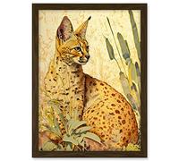 Artery8 Serval Cat in Nature Detailed Watercolour and Ink Bright Illustration Artwork Framed A3 Wall Art Print