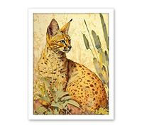 Artery8 Serval Cat in Nature Detailed Watercolour and Ink Bright Illustration Artwork Framed Wall Art Print 18X24 Inch