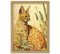 Artery8 Serval Cat in Nature Detailed Watercolour and Ink Bright Illustration Artwork Framed Wall Art Print A4