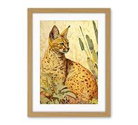 Artery8 Serval Cat in Nature Detailed Watercolour and Ink Bright Illustration Artwork Framed Wall Art Print 18X24 Inch
