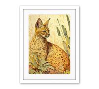 Artery8 Serval Cat in Nature Detailed Watercolour and Ink Bright Illustration Artwork Framed Wall Art Print 18X24 Inch