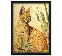 Artery8 Serval Cat in Nature Detailed Watercolour & Ink Bright Illustration Artwork Framed Wall Art Print A4 in Black Artery8 Black