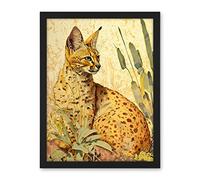 Artery8 Serval Cat in Nature Detailed Watercolour and Ink Bright Illustration Artwork Framed Wall Art Print 18X24 Inch