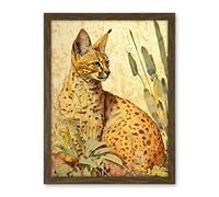 Artery8 Serval Cat in Nature Detailed Watercolour and Ink Bright Illustration Artwork Framed Wall Art Print 18X24 Inch