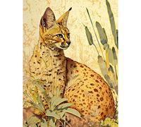 Artery8 Serval Cat in Nature Detailed Watercolour and Ink Bright Illustration Large XL Wall Art Canvas Print