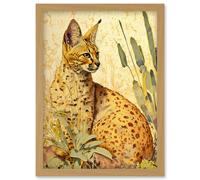 Artery8 Serval Cat in Nature Detailed Watercolour and Ink Bright Illustration Artwork Framed Wall Art Print A4