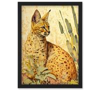Artery8 Serval Cat in Nature Detailed Watercolour and Ink Bright Illustration Artwork Framed Wall Art Print A4