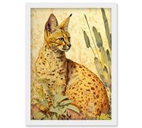 Artery8 Serval Cat in Nature Detailed Watercolour and Ink Bright Illustration Artwork Framed Wall Art Print A4