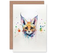Artery8 Serval Cat Lovers Gift Watercolour Pet Portrait Painting Artwork Sealed Greeting Card Plus Envelope Blank inside