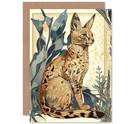 Artery8 Serval Cat with Teal Plants Watercolour Portrait Modern Illustration Art Birthday Sealed Greeting Card Plus Envelope Blank inside