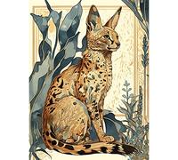 Artery8 Serval Cat with Teal Plants Watercolour Portrait Modern Illustration Art Print Canvas Premium Wall Decor Poster Mural
