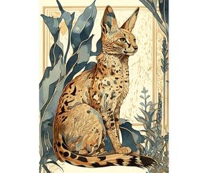 Artery8 Serval Cat with Teal Plants Watercolour Portrait Modern Illustration Art Print Canvas Premium Wall Decor Poster Mural