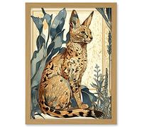 Artery8 Serval Cat with Teal Plants Watercolour Portrait Modern Illustration Artwork Framed A3 Wall Art Print