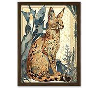 Artery8 Serval Cat with Teal Plants Watercolour Portrait Modern Illustration Artwork Framed A3 Wall Art Print