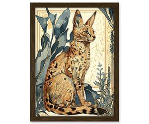 Artery8 Serval Cat with Teal Plants Watercolour Portrait Modern Illustration Artwork Framed A3 Wall Art Print