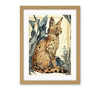 Artery8 Serval Cat with Teal Plants Watercolour Portrait Modern Illustration Artwork Framed Wall Art Print 18X24 Inch