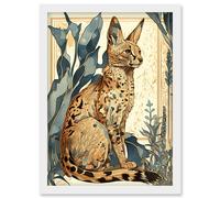 Artery8 Serval Cat with Teal Plants Watercolour Portrait Modern Illustration Artwork Framed Wall Art Print A4